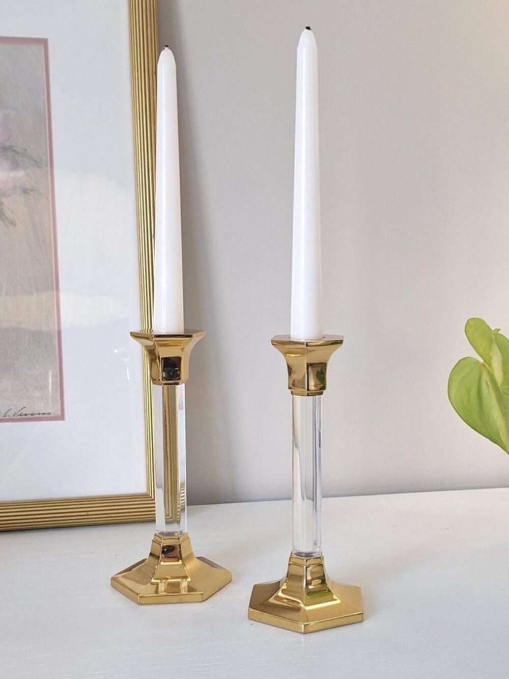 2 Vintage brass & lucite candlestick candle holders acrylic base partylite set
